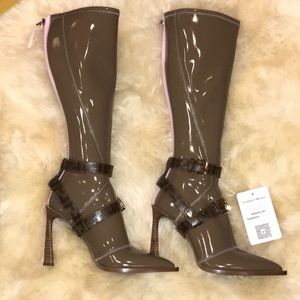 Fendi Neoprene patent taupe tall logo buckle boot 40